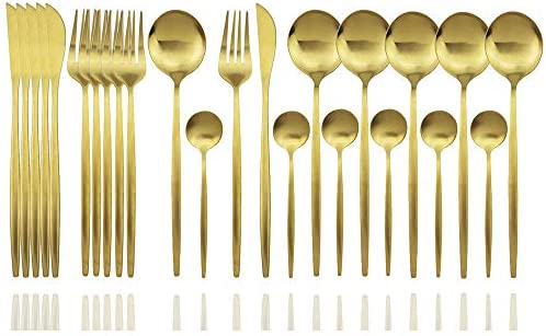 JASHII Flatware Set, 24-piece Silverware Cutlery Set with Serving Pieces, Stainless Steel Utensils, Include Knife/Fork/Spoon, Matte Finish, Dishwasher Safe, Service for 6 (Black)