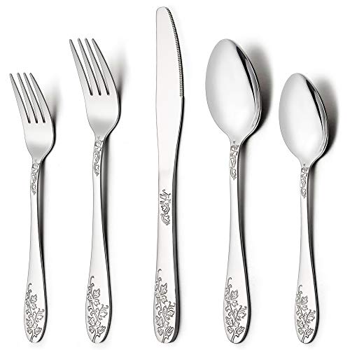 LIANYU 60-Piece Silverware Flatware Cutlery 세트 12 스테인레스 스틸 Kitchen Restaurant Party Tableware Eating Utensil Sets Vine Pattern Mirror Finish Dishwasher Safe
