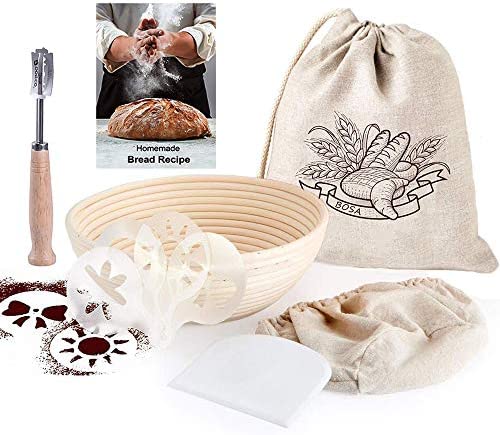 9 Inch Round Banneton Bread Proofing Basket Rising Dough 프로페셔널 Baking Tool 7팩 세트 - Brotform & Linen Liner 가방 Lame Scraper Stencils Recipe Home Bakers