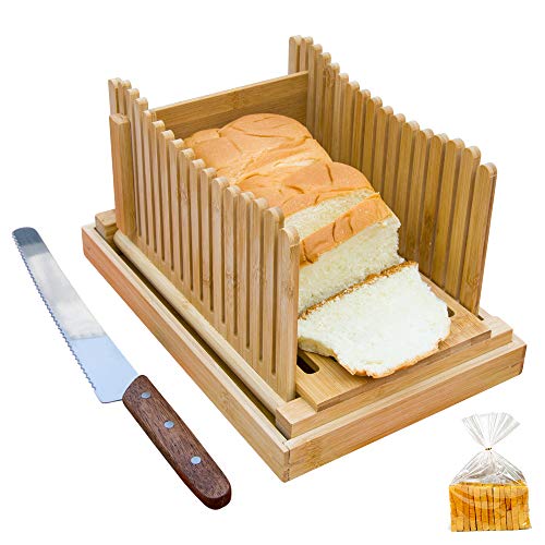 Foldable Bamboo Bread Slicer Guide Cutter Crumb Catcher Tray Homemade Bagel Loaf Toast Sandwich Slicing 3 Slice Sizes Thickness Adjustable