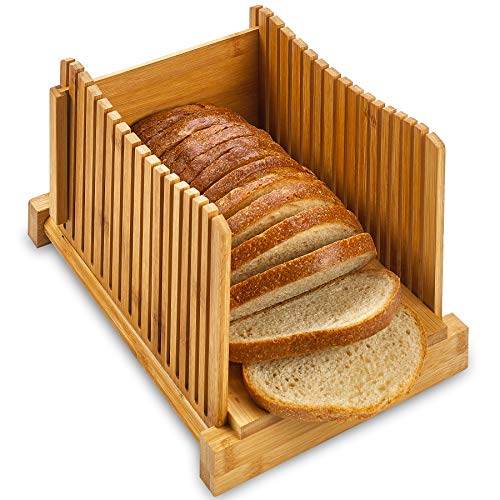 ZAFUU Bamboo Bread Slicer âu20ACu201C Natural Wood Foldable Cutter for Homemade Bread, Loaf Cakes, Bagels. Compact, Folds Flat.
