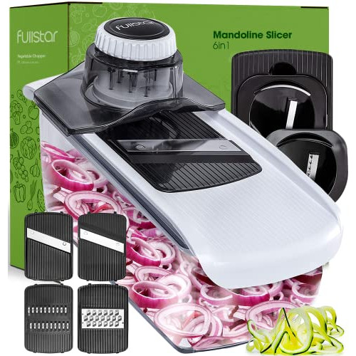 Fullstar 6-in-1 Mandoline Slicer For Kitchen, Cheese Grater, Vegetable Spiralizer and Veggie Slicer for Cooking & Meal Prep (Kitchen Gadgets Organizer & Safety Glove Included)