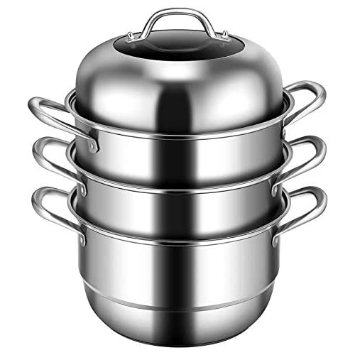 Giantex 3-Layer 스테인레스 스틸 Steamer Pot Cooking Soup Steaming Food Steam Tempered Glass Lid 2 Septa on Gas Electric Grill Stove Silver