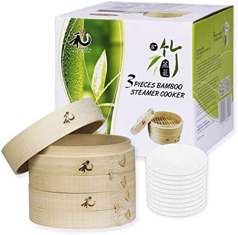 Yuho Asian Kitchen Bamboo Steamer 6&ndashInch Individually Box 2 Tiers & Lid 10 Parchment Liners Perfect Steaming Dumplings Vegetables Meat Fish Rice