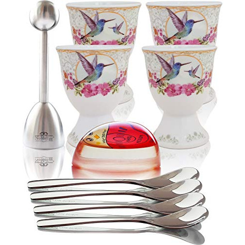 NobleEgg Premium Egg Cups 소프트 Boiled Eggs 세트 4 Timer Pro 18/10 Spoons Topper Gift/Storage Box