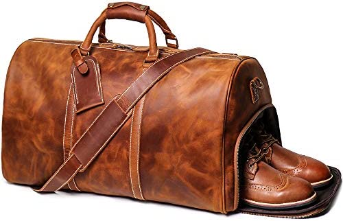 LEATHFOCUS 24" 가죽 Weekender 가방 Shoe Compartment,Classic Mens Travel Duffel Overnight Brown