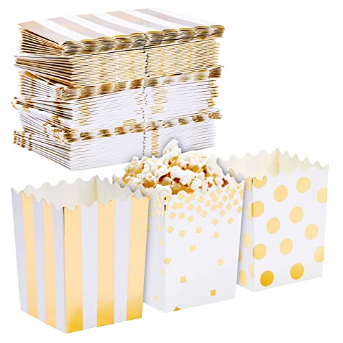 60팩 미니 Popcorn Boxes - 16oz Small Paper Candy Favor 골드 Foil Polka Dots 스트라이프 Confetti Designs Baby Shower Wedding 생일 Party Supplies 3 x 4 2.8 Inches