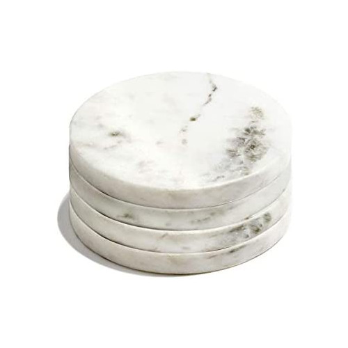 White Marble Coaster 세트 - 4 Real Natural Stone Coasters Drinks Inch Diameter Round Felt Base Cool Mid Century Modern Decor Coffee Table Bar Cart Dining Room