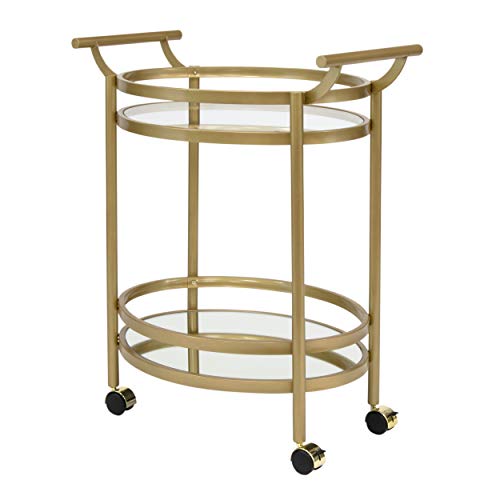 Studio Designs Home Palazzo Modern 2-Tier Oval 메탈 Rolling Bar Serving Utility Mobile Cart Handles Spill Guard Gold/Clear Glass Mirror 27" W x 17.5" D 33.25" H,