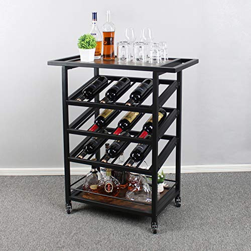 MkGooLif Industrial Freestanding Wine Racks,Wine Holder Display Shelves Wheels Home,Bar Serving Carts,Wine Bar Cabinet Storage Brown