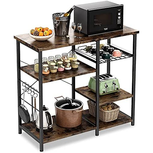 ODK Kitchen Bakers Rack Utility Storage Shelf Microwave Oven Stand 3-Tier+3-Tier Coffee Bar Table 10 S-Shape Hooks Spice Organizer Workstation Rustic Brown