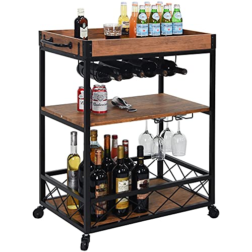 charaHOME Industrial Kitchen Serving Carts Rolling Bar Cart 3 Tier Storage Shelves bar carts Home Wine Glass Holder,Lockable Caster Liquor Removable Top Box Container