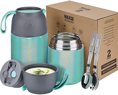 2팩 진공 단열 Food Jar Hot Containers Lunch School Soup 써모스 Kids,Travel 플라스크 Cold 24oz,17oz 다크 Green