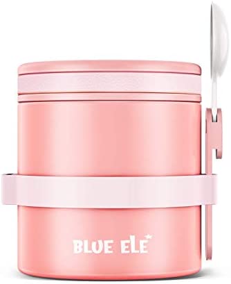 BLUE ELE Leakproof 진공 단열 써모스 Hot Lunch Containers Ceramic-Coated 스테인레스 스틸 Easy Grip Lid 폴딩 Spoon 13.5oz Carnation Pink