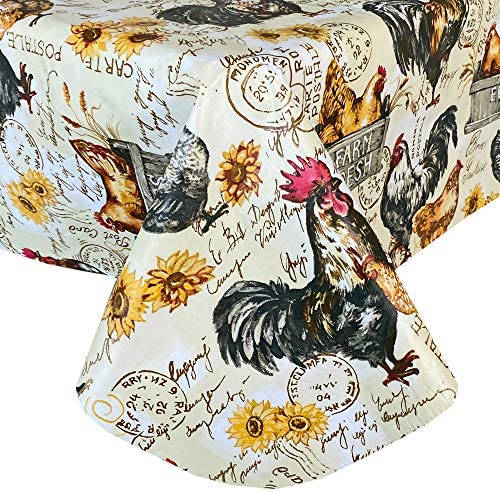 Newbridge French Country Rustic Farmyard Rooster Print Vinyl Flannel Backed Tablecloth - Farmhouse Hen Fresh Eggs 디자인 Indoor/Outdoor Wipe Clean Easy 케어 52" x Square