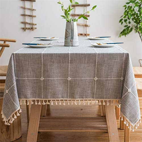 Vonabem Table Cloth Tassel Cotton Linen 커버 Kitchen Dinning Wrinkle Free Tablecloths Rectangle/Oblong 58x86 6-8 Seats Grey