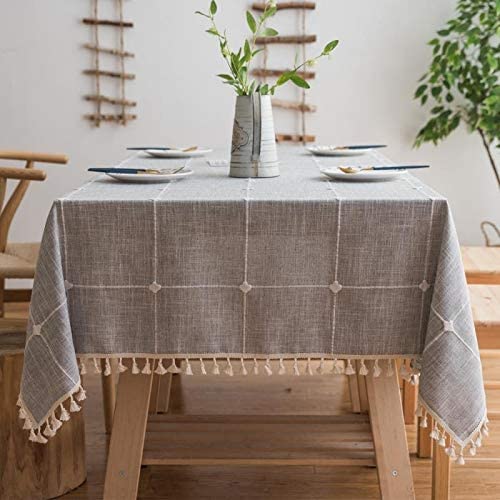 Joy Fabric Cotton Washable Tablecloth Tassel Wrinkle Free Outdoor & Indoor Dining Table 커버 Brown 55 x 102 Inch