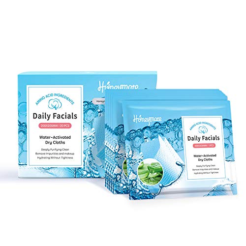 Honeymate Daily Facials Clean Makeup Removing Face Cleansing Towels 5-in-1 Water Activated Dry Cloths Individually Packaged Degradable Large Size 20 Count