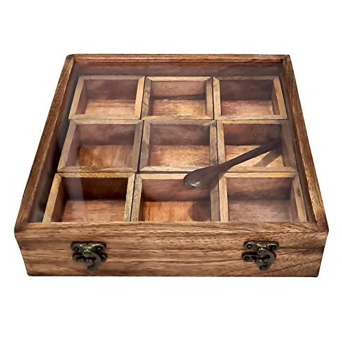 Vintage Style Wooden Spice Box 9 Containers & 1 Spoon Spice Jar Organizer Kitchen Accessory Multipurpose Spice container