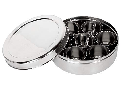 Mothers Day Gifts Stainless Steel Spice Container 7 Containers and Small Spoon Orange See Through Masala Box Indian Masala Dabba with size 8 X 8 inches
