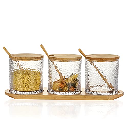 Condiment Jars Set of 3 Seasoning Box Salt Container Sugar Bowl Spice Pepper Glass Condiment Pots with Wooden Spoon Bamboo Lid and Tray for Kitchen