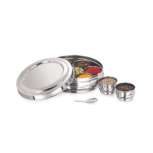 Khandekar Striped Stainless Steel Spice Box with 7 Small Canisters & Spoon, Indian Masala Dabba, Spice Storage Container for Chefs, Kitchen - 8 inch (20 cm), Silver