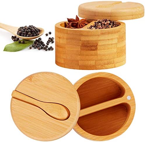 Bamboo Salt Pepper Box Seasonings Salt Cellar Bamboo Sugar Box Pepper Spice Storage Containers with Magnetic Swivel Lids and Mini Bamboo Spoons for Kitchen Tool (1 Piece)