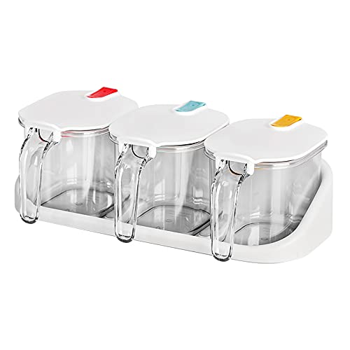 ZSPTDG Clear Seasoning box Spice Rack - 3 Piece plastic Box - Storage Container Condiment Jars - Cruet Seasoning Box Spice Rack Stylish Plastic Salt Spices Condiment Container Case Organizer Storage Seasoning & Spice Tools with Cover and Spoon