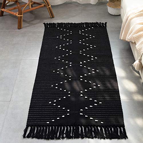 Black Moroccan Boho Bathroom Rug Cotton Woven Small Hallway Bath Mats Flatweave Tassels Washable Long Rugs Front Door Kitchen Natrural Carpet 2x3
