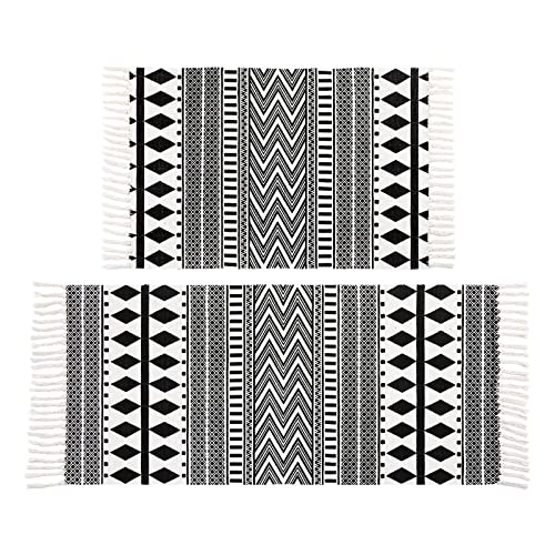 HEBE Cotton Area Rug 세트 2 Piece 2x3+2x4.2 Machine Washable 매트 Cream White Hand Woven Tassels Runner Living Room Kitchen Floor Laundry