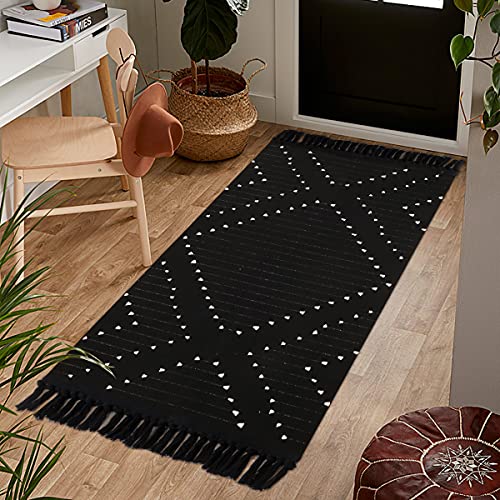 LIVEBOX Boho Laundry Runner Rug 2.3 x 5.3 ,Black Entryway Tassel Cotton Area Moroccan Woven Rugs Washable Tribal Floor Mat Living Room/Entryway/Bedroom/Doorway