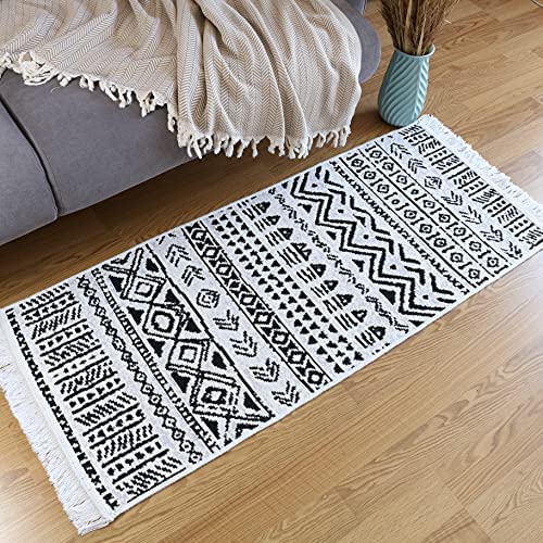 LYKIA Boho Bathroom Rugs Washable Reversible 100% Turkish Cotton - 매트 White Geometric Farmhouse Kitchen Woven Tassel Rug Entryway Hallway 침실 Living Room 2x4.4 Feet