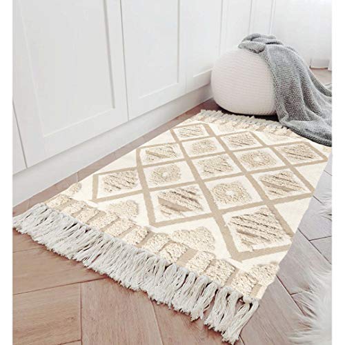 Seavish Tufted Cotton Area Rug,2X 3 Beige Geometric Hand Woven Fringe Throw Rugs Shag Accent Tassel Rug Living Room 침실 Bathroom Kitchen Laundry Dorm