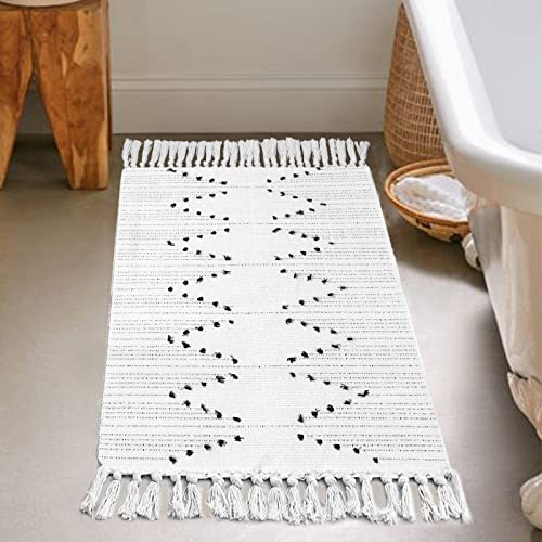 Boho Throw Rug 2 x 3 KIMODE Farmhouse Cotton Woven Small Traffic Area Washable Fringe Tassels Runner Bathroom Kitchen 침실 Laundry Doorway Beige