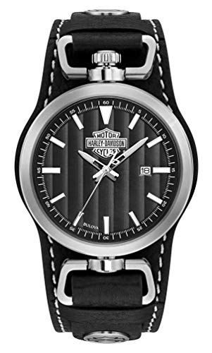 Harley-Davidson Men B&S Rotating 케이스 Cuff Watch 매트 가죽 Strap 76B185