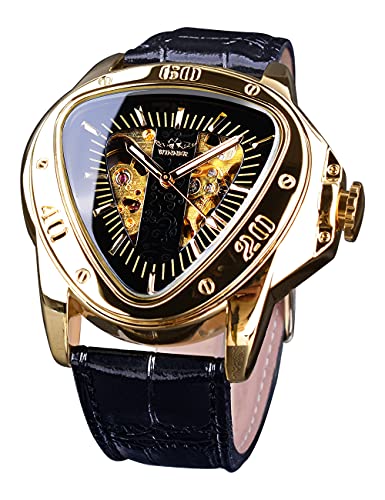 Winner 패션 Mechanical Wrist Watch Triangle Racing Dial Golden Skeleton