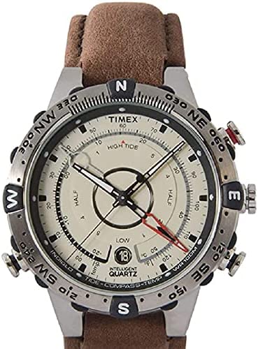 Timex Mens T2N721 Intelligent Quartz Compass Tide Temperature 실버 케이스 Brown Strap Watch