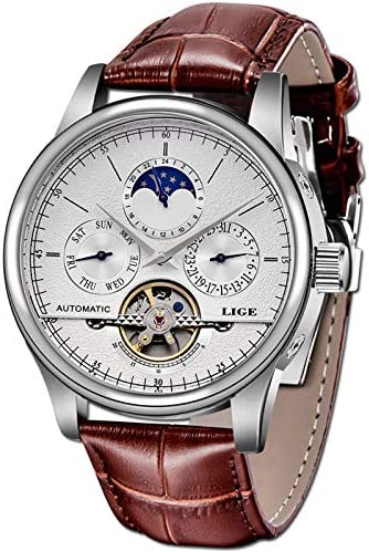 LIGE 방수 Mens Watches Business Calendar Mechanical EEN Watch Automatic 골드 White 가죽 Strap Wristwatch