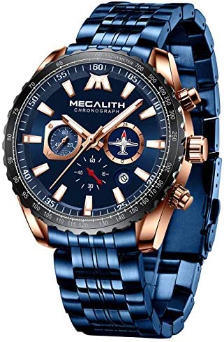 MEGALITH Mens Watches Chronograph 방수 Watch 스테인레스 스틸 Men 스포츠 Military Analog Quartz Date Calendar Luminous 남성 Business Gents Multifunctional Wrist