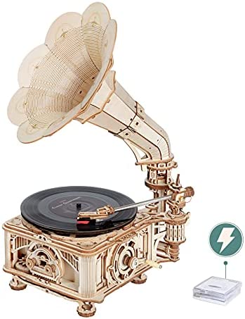 ROBOTIME 3D Wooden Puzzle 성인 클래식 Gramophone Model Kit Build DIY Hand-Cranking 3-Speed Record Player