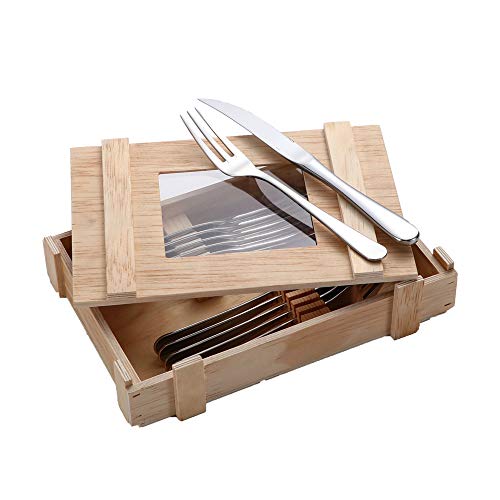 Pandeat Steak Knives and Fork 12 Piece Steak Knife Set Silverware Set Serrated Steak Knives Dinner Fork Dishwasher Safe Stainless Steel Steak Fork Steak Knifes Set of 6 (Window box)