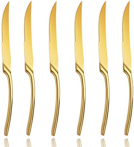 Lemeya 6 Pieces Steak Knives 세트 스테인레스 스틸 Standing Knife,Ultra-Sharp Serrated Knives-10 Inch,Mirror Polished,Dishwasher Safe Silver