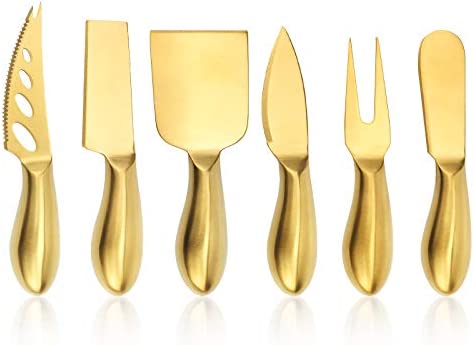 Premium 6-Piece Golden Cheese Knife Set, Stainless Steel Cheese Cutter Cheese Fork Slicer,Cheese Tool Collection, Cheese Spreaders for Christmas Gift