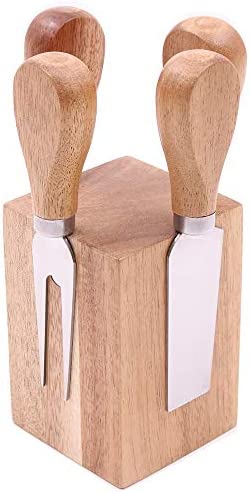 olelo 4 Pieces Cheese Knives Set Includes 4 Stainless Steel Cheese Slicer Cheese Cutter with Wooden Handle & 1 Wooden Magnetic Block Standu2026