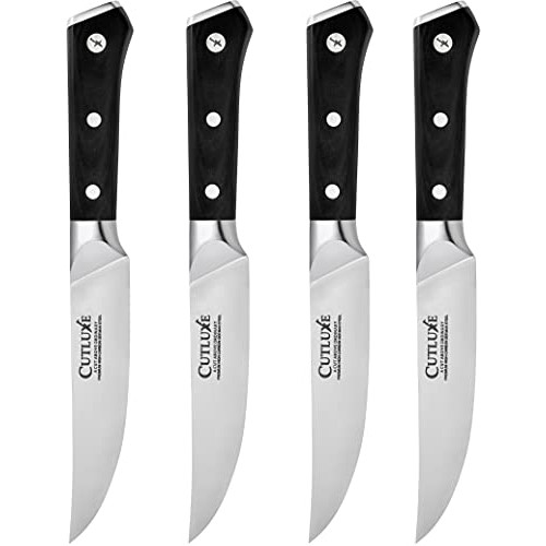 CUTLXUE Steak Knives – Plain Edge Knife 세트 4 Forged High Carbon German Steel Full Tang 인체공학적 Handle 디자인 Artisan Series