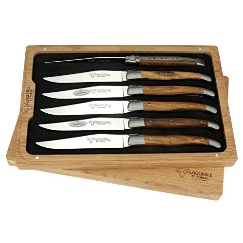 Laguiole en Aubrac Luxury Fully Forged Full Tang 스테인레스 스틸 Steak Knives 6-Piece 세트 Pistachio 우드 Handles Brushed Bolsters