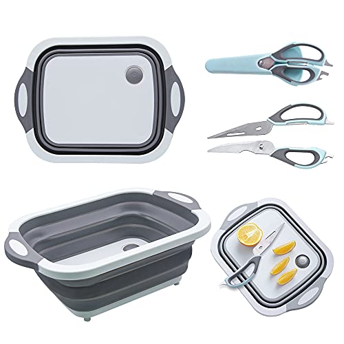 Collapsible Cutting Board + Kitchen Shear, Multifunction Chopping Board with Colander, Silicone Dish Tub Storage Basket, Ultra Sharp Multifunction Kitchen Scissors with Magnetic Scissors Cover