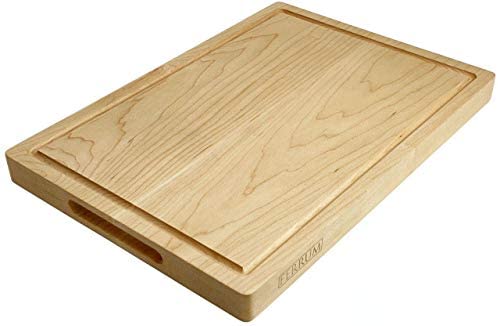 Wood Cutting Board Hard Maple 17x12x1.25 Inches Reversible with Handles and Juice Groove, Extra Thick Butcher Block Chopping Board Handmade By Ferrum.