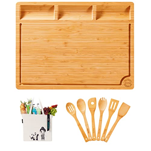 Boelley Extra Large Bamboo Cutting Board-Wood Cutting Board set for kitchen Chopping Board for Meat (Butcher Block) w/Juice Groove & Compartment & Handles w/6 Utensils &1 canvas bag L17X13
