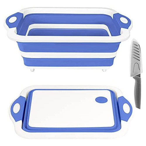 Rottogoon Collapsible Cutting Board, Foldable Chopping Board with Colander, Multifunctional Kitchen Vegetable Washing Basket Silicone Dish Tub for BBQ Prep/Picnic/Camping(BlueViolet)